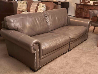 'Mole Grey' 2 Piece Leather Sofa with Nickel Nailhead Trim