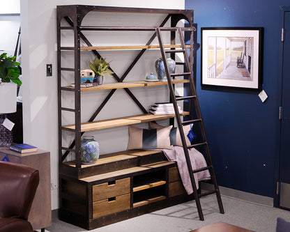 Industrial Two-Piece Library Bookcase With Ladder