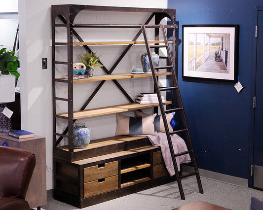 Industrial Two-Piece Library Bookcase With Ladder