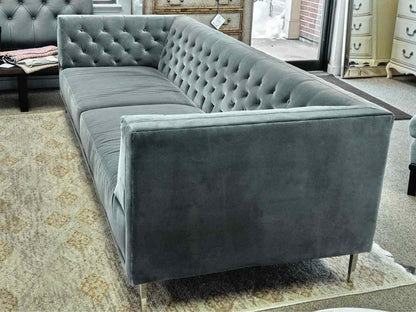CB2 Tufted 104" Sofa in Steel Grey Velvet on Chrome Legs