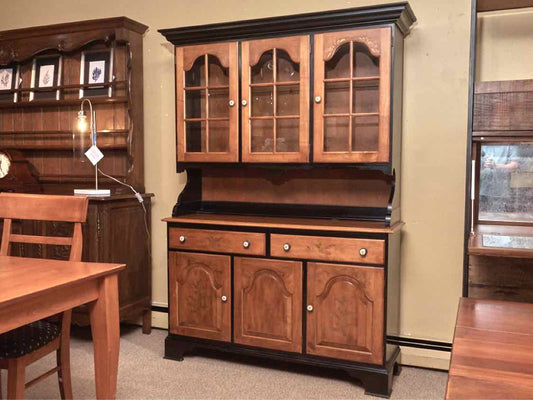 Hitchcock Maple & Black Finish 3 Glass Door 2 Drawer & 3 Lower Door  Hutch