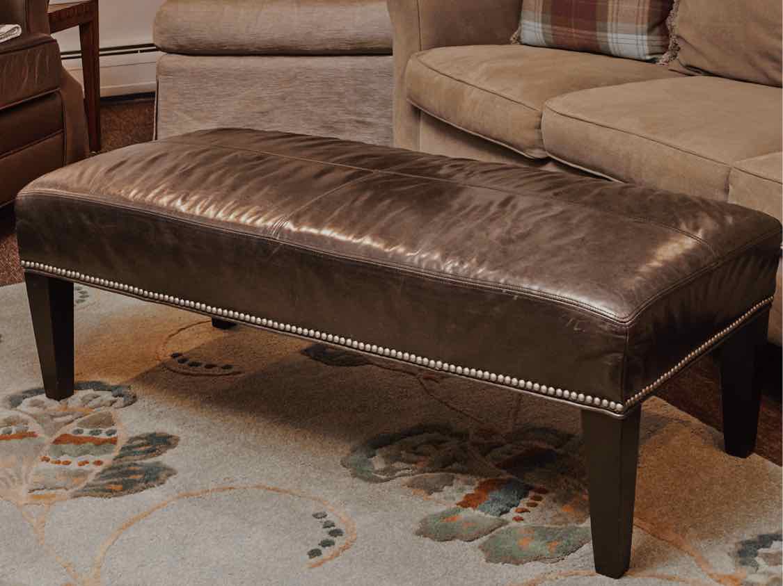 Grey Blue Leather Nailhead Trim Black Finish Legs Ottoman