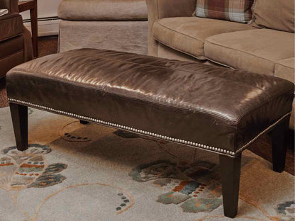 Grey Blue Leather Nailhead Trim Black Finish Legs Ottoman