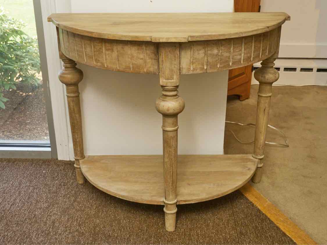 Driftwood Fonish Turned Legs Lower Shelf Demi Lune Accent  Hallway Table