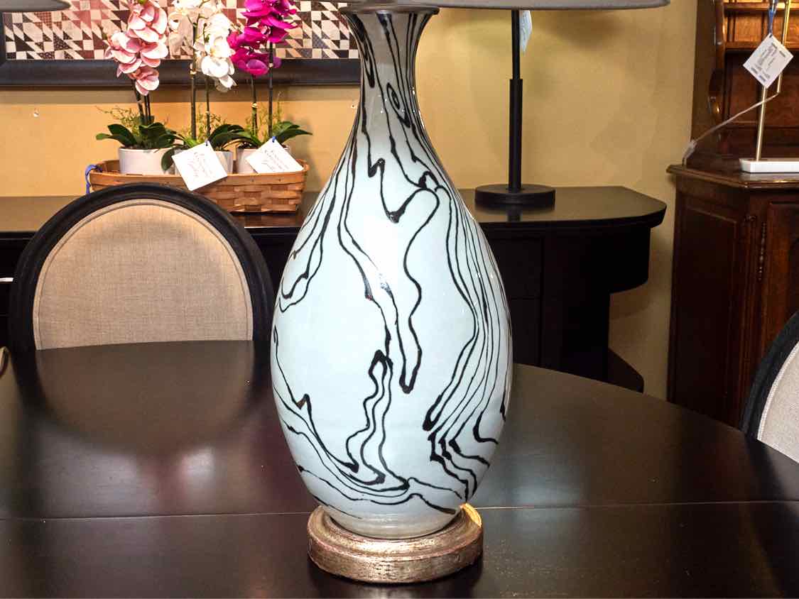Pair Of White& BLack Ceramic Table Lamps With Silver Grey  Linen Shades