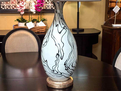 Pair Of White& BLack Ceramic Table Lamps With Silver Grey  Linen Shades