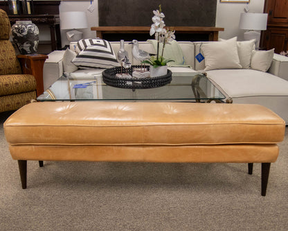 Button Tufted Bench in Chamois Color Leather on Dark Tapered Legs