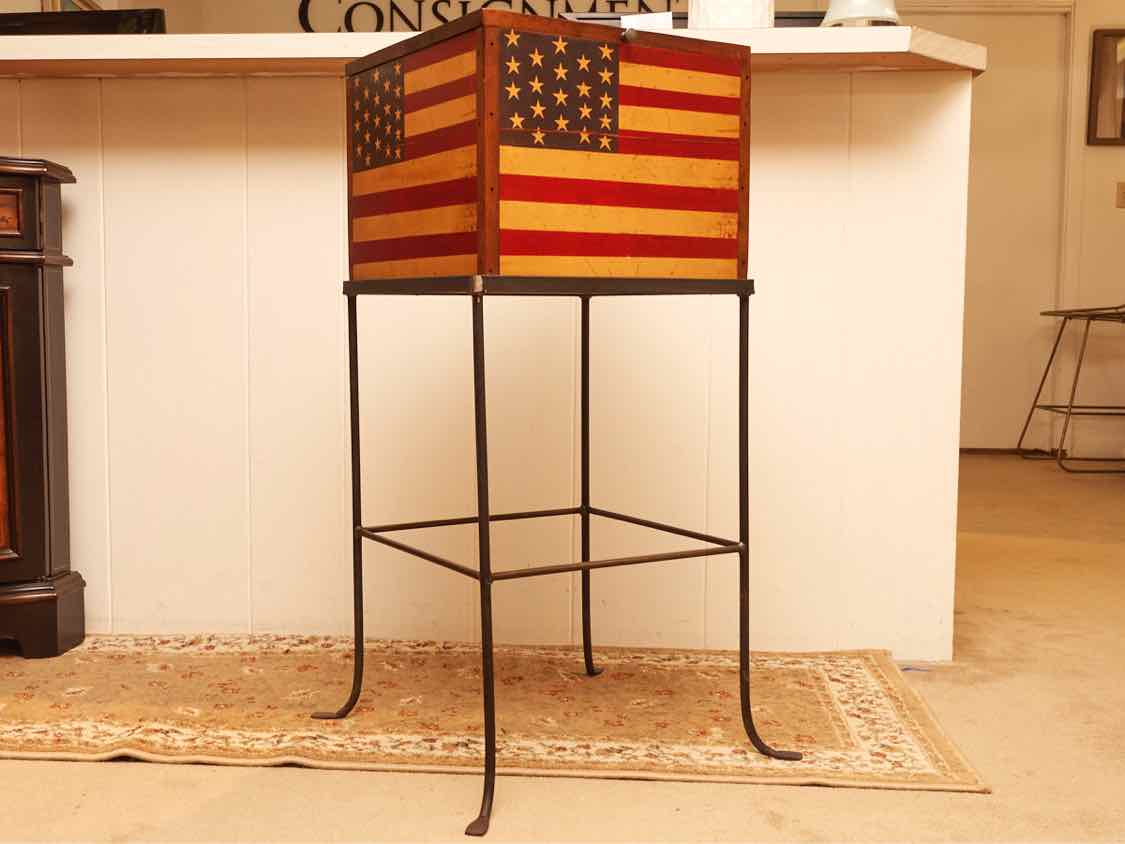 Painted American Flag Wooden BoX On Metal Stand