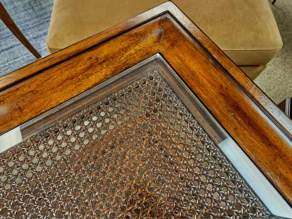 Elm Wood Console w/ Wood Cane Panel Design  & Glass Top  on Casters