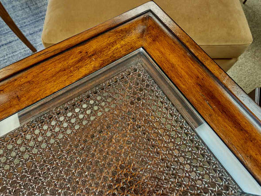 Elm Wood Console w/ Wood Cane Panel Design  & Glass Top  on Casters