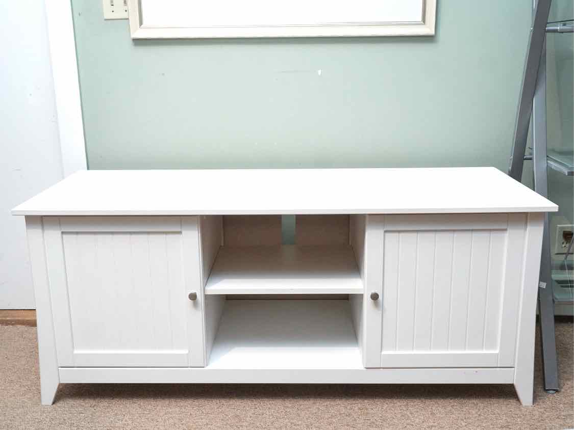 White Media Stand  with 2 Beadboard Doors & Open Storage