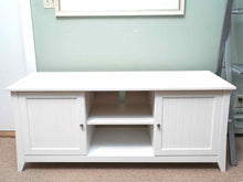 White Media Stand  with 2 Beadboard Doors & Open Storage