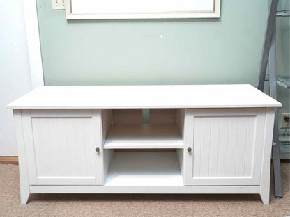 White Media Stand  with 2 Beadboard Doors & Open Storage