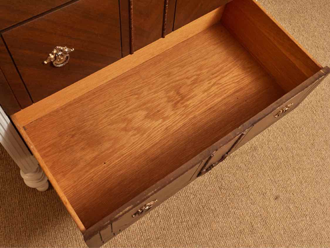 Walnut & Arctic White Finish 4 Drawer Chest with Carved Accents