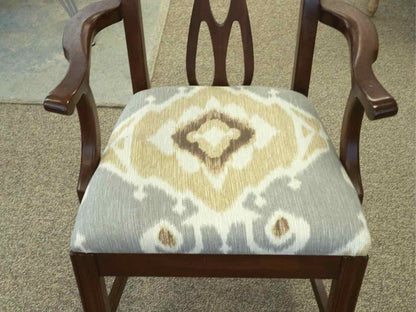 Set of 10 Mahogany Dining Chairs with Ikat Seats in Grey, Tan & Cream