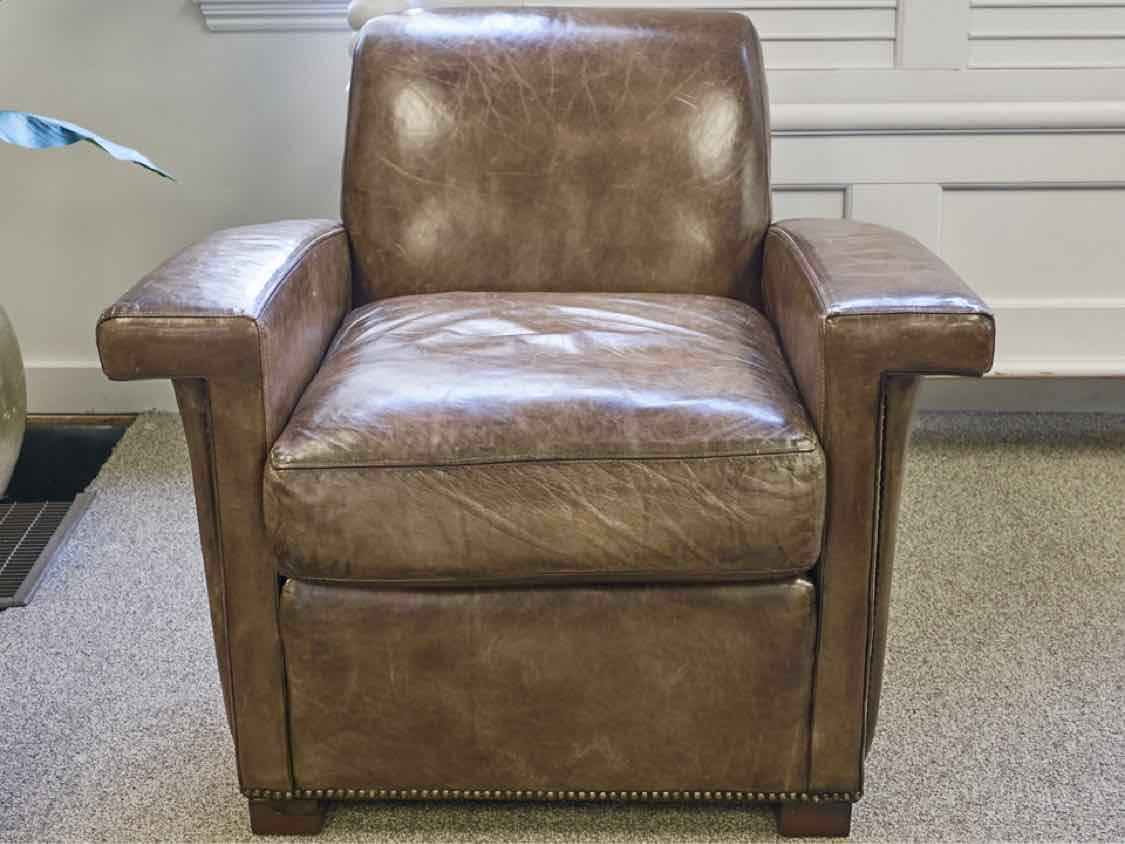 Pair of RH 'Ambrose' Leather Chairs with Brushed Brass Nailhead
