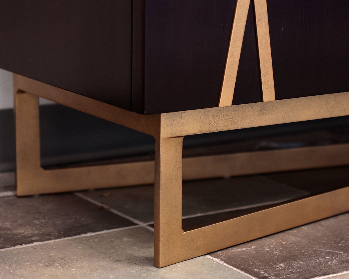 Dark Wooden Sideboard With Golden X Patterns