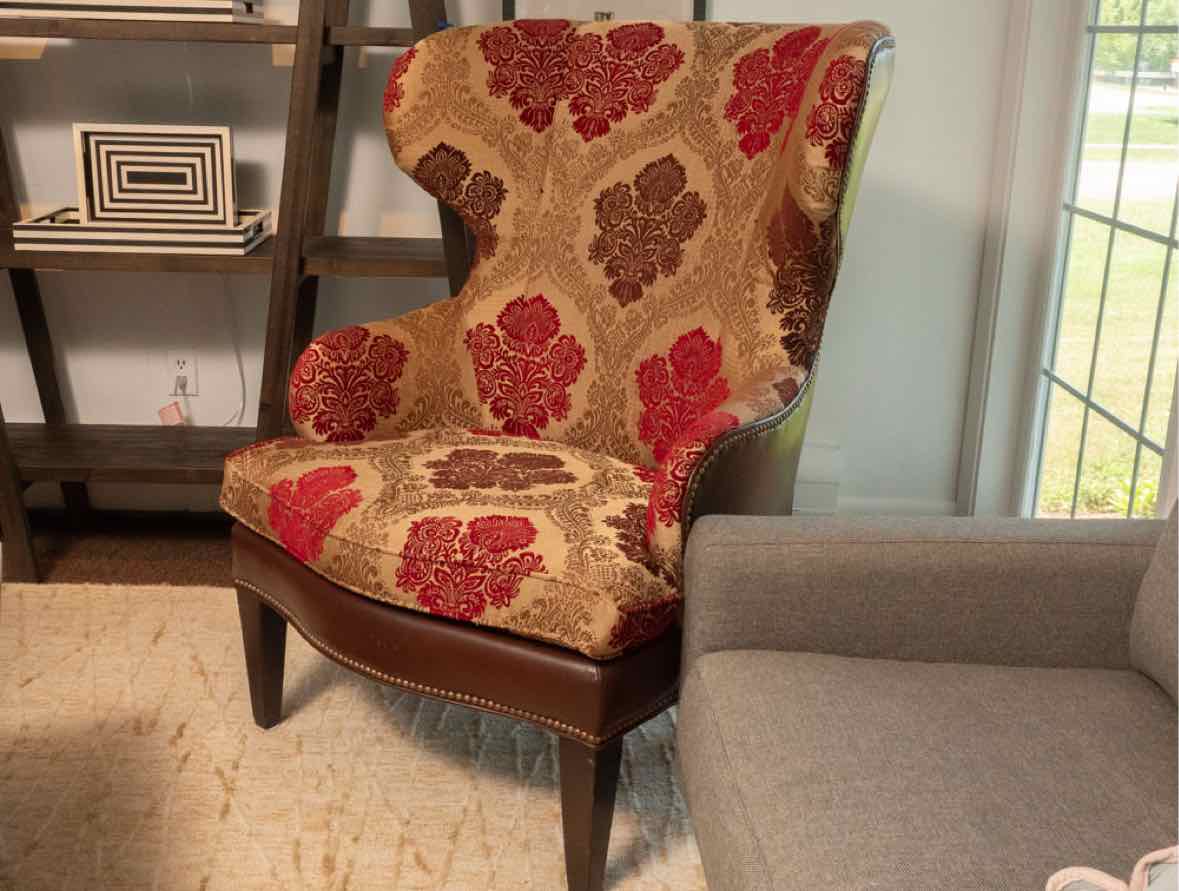 Ethan Allen 'Selby' Upholstered With Leather Sides & Back Wing Back Chair