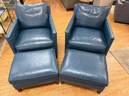 Lee Pair of Peacock Blue Leather Chairs w/ Ottomans