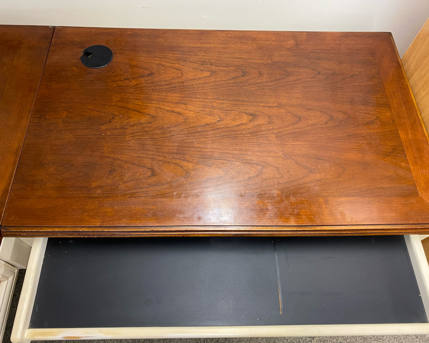 Beadboard Panel Corner Desk in Antique White with Cherry Finish Top