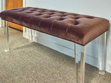 Brown Performance Velvet Ottoman with Tufted Buttons & Lucite Legs