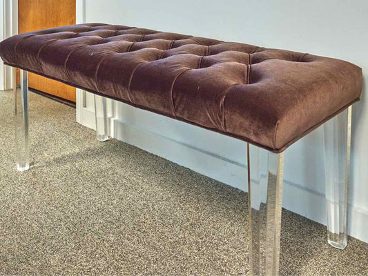Brown Performance Velvet Ottoman with Tufted Buttons & Lucite Legs