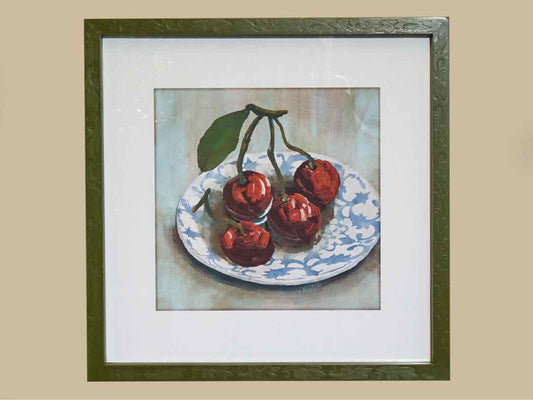 Matted Print of Cherries in Scalloped Green Frame