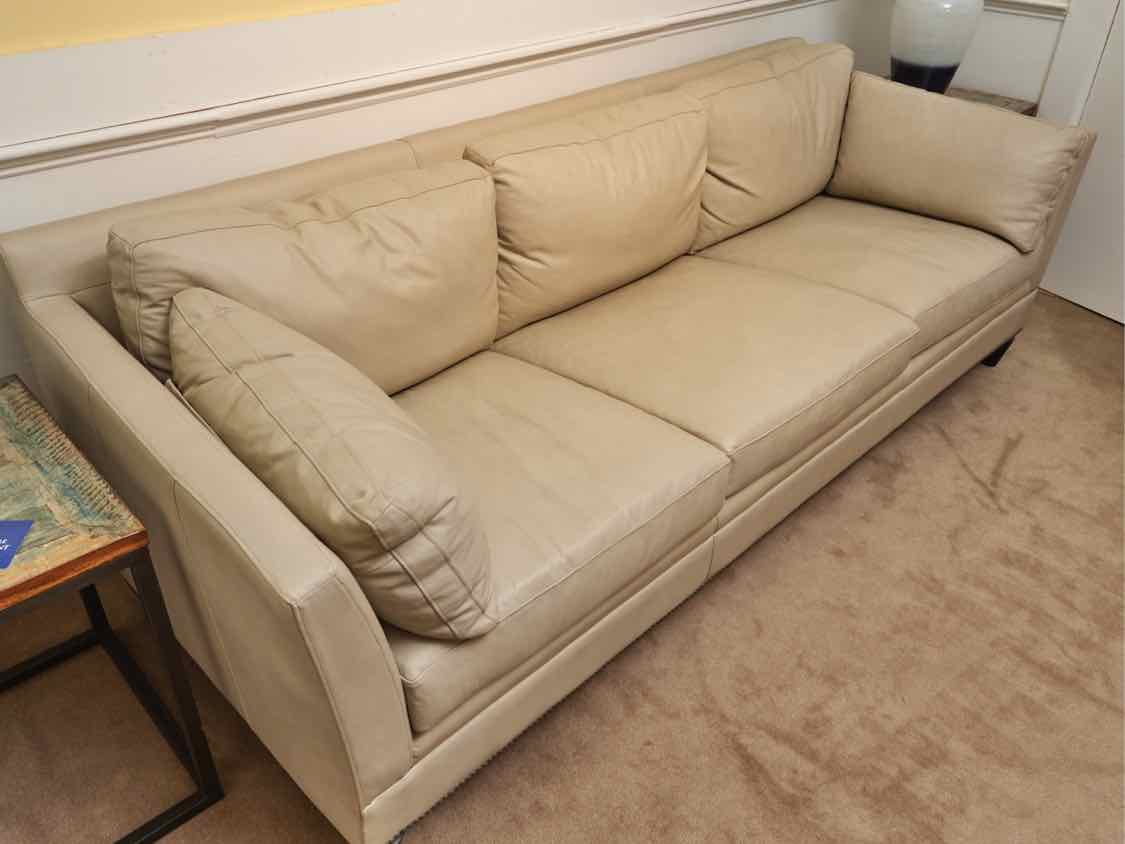 Century Furniture Taupe Leather 3 Cushion  Sofa With Nailhead Trim