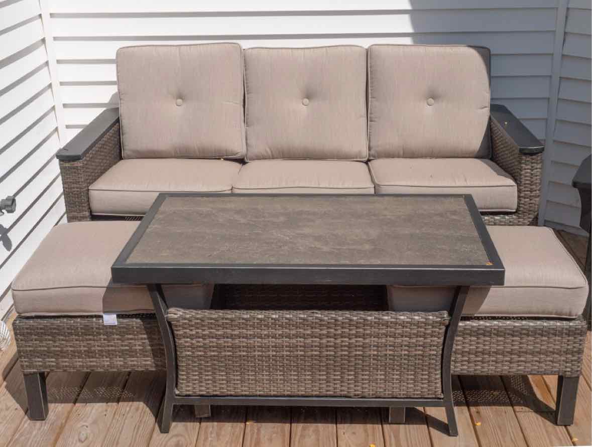Resin Wicker 3 Cushion Sofa, 2 Chairs, Coffee Table ,2 Ottomans Outdoor Set