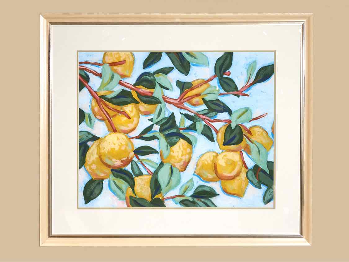 'Sunshine Citrus I' Art Print Under Glass  Doubled Matted  Cream Frame