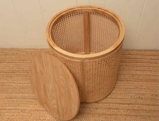 Round Natural Wood With Woven Rattan Storage Accent Table