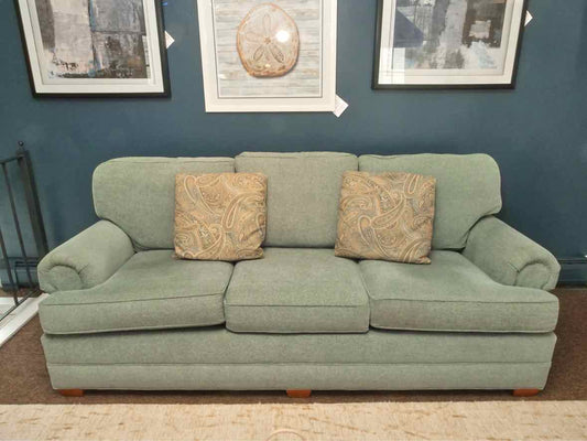 Temple  'Bermuda Teal'  Upholsterd 3 Cushion 2 Toss Pillows   Rolled Arms  Sofa