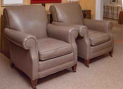 Pair Of Brunschwig & Fils Taupe Leather Club Chairs On Casters