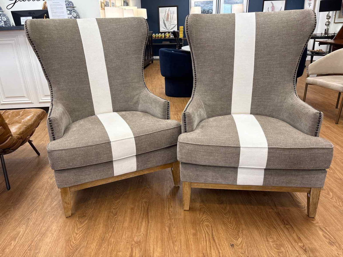 Pair of Striped Wing Back Chairs