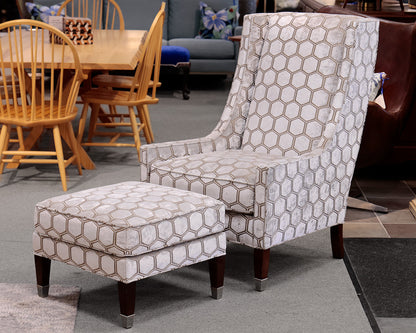 Geometric Patterned Sloped Arm Chair and Matching Ottoman