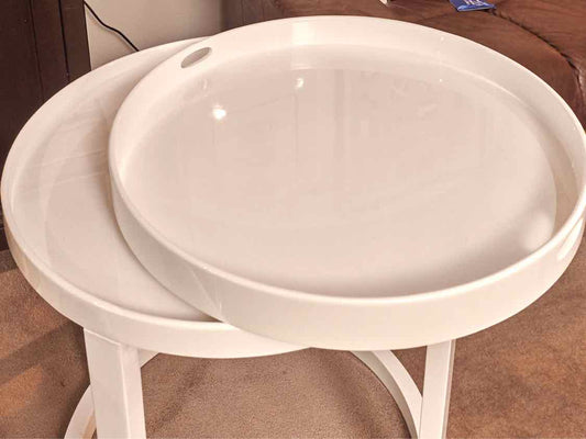 Pair  Of White Laminate Round Removable Tray Side Tables