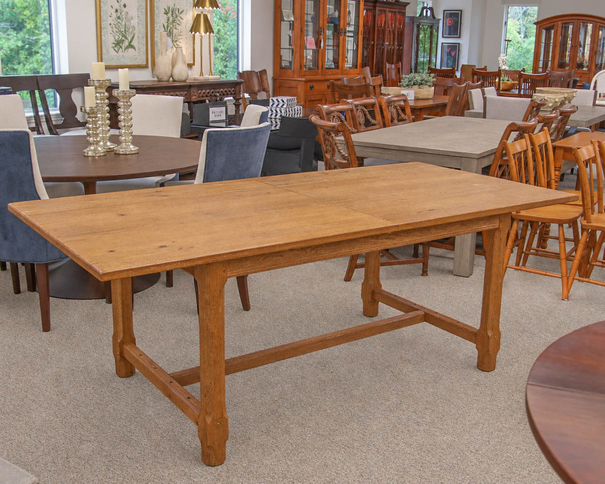 Oak Dining Table W/ 2 Leaves  In Honey Finish Featuring An H-Stretcher Base
