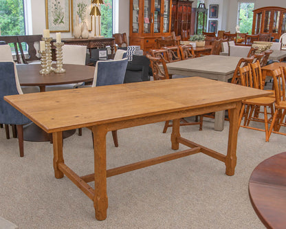 Oak Dining Table W/ 2 Leaves  In Honey Finish Featuring An H-Stretcher Base