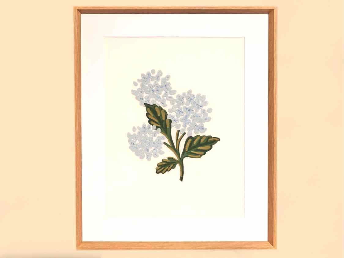 Embroidered Hydrangea on White in Light Wood Frame