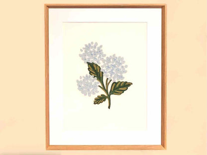 Embroidered Hydrangea on White in Light Wood Frame
