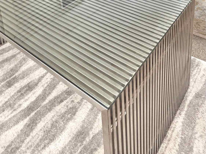 Amici Brushed Stainless Steel Dining Table with Glass Top Dining Table