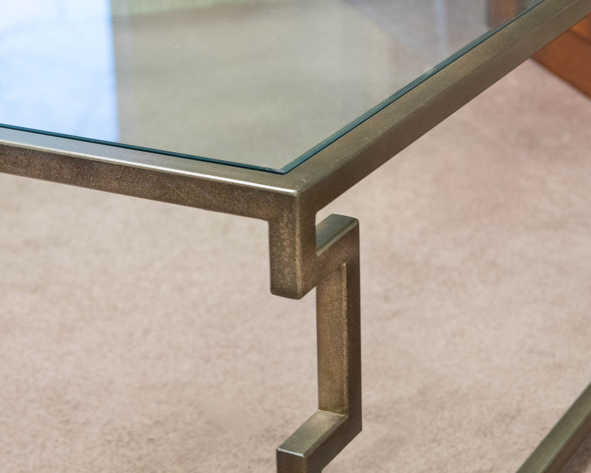 Greek Key Square Iron Cocktail Table with Glass Top