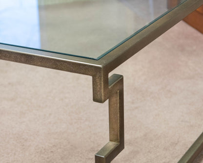 Greek Key Square Iron Cocktail Table with Glass Top