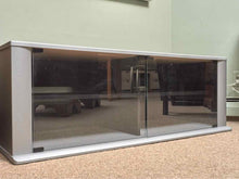 Tech Craft TV Media Console In Gray Finish Smoked Glass Doors