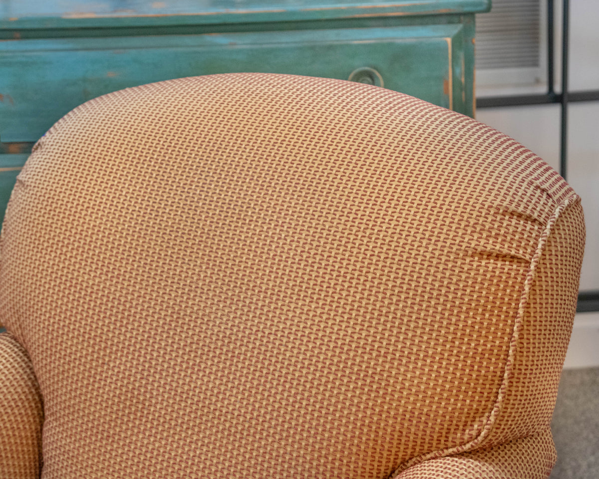 Pair of Lee Jofa  Beige & Rust Roll Arm Club Chairs on Turned Legs