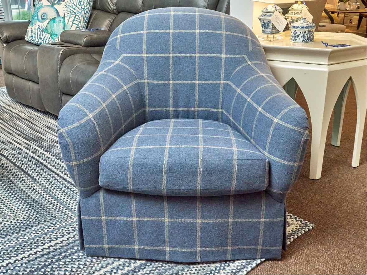Mclaughlin Upholstering Co.  Barrel Shape Plaid Blue Wool Felt Blend Chair