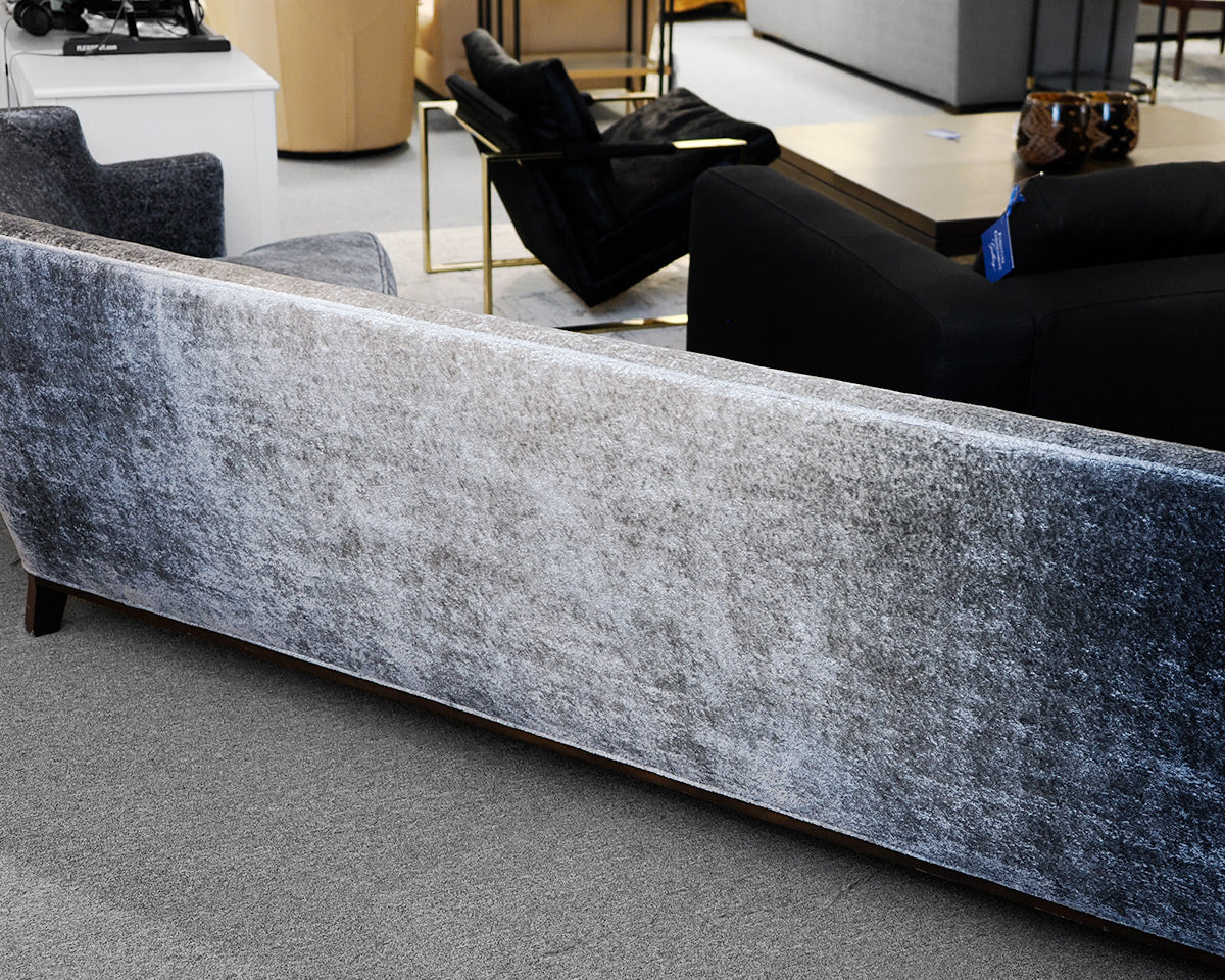 Custom Low Profile Wing Back Blue Silk Sofa