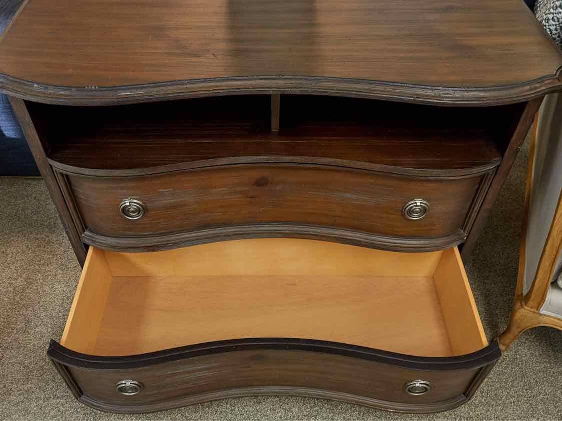 Weathered Finish Media Cabinet with 2 Drawers & Open Storage