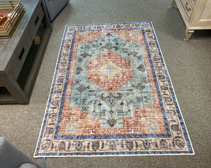 Bo-Ho India Design Washable Area Rug in Brick & Green