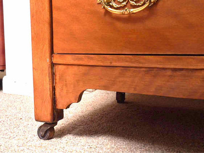 Antique Tiger Maple 3 Drawer Chest With Brass Handles & Mirror
